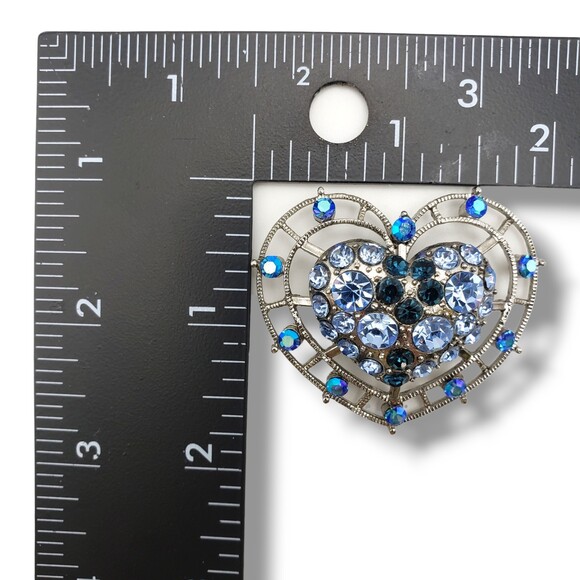 Vintage Large Blue Rhinestone Cluster Silver Tone Heart Pendant - Picture 6 of 6
